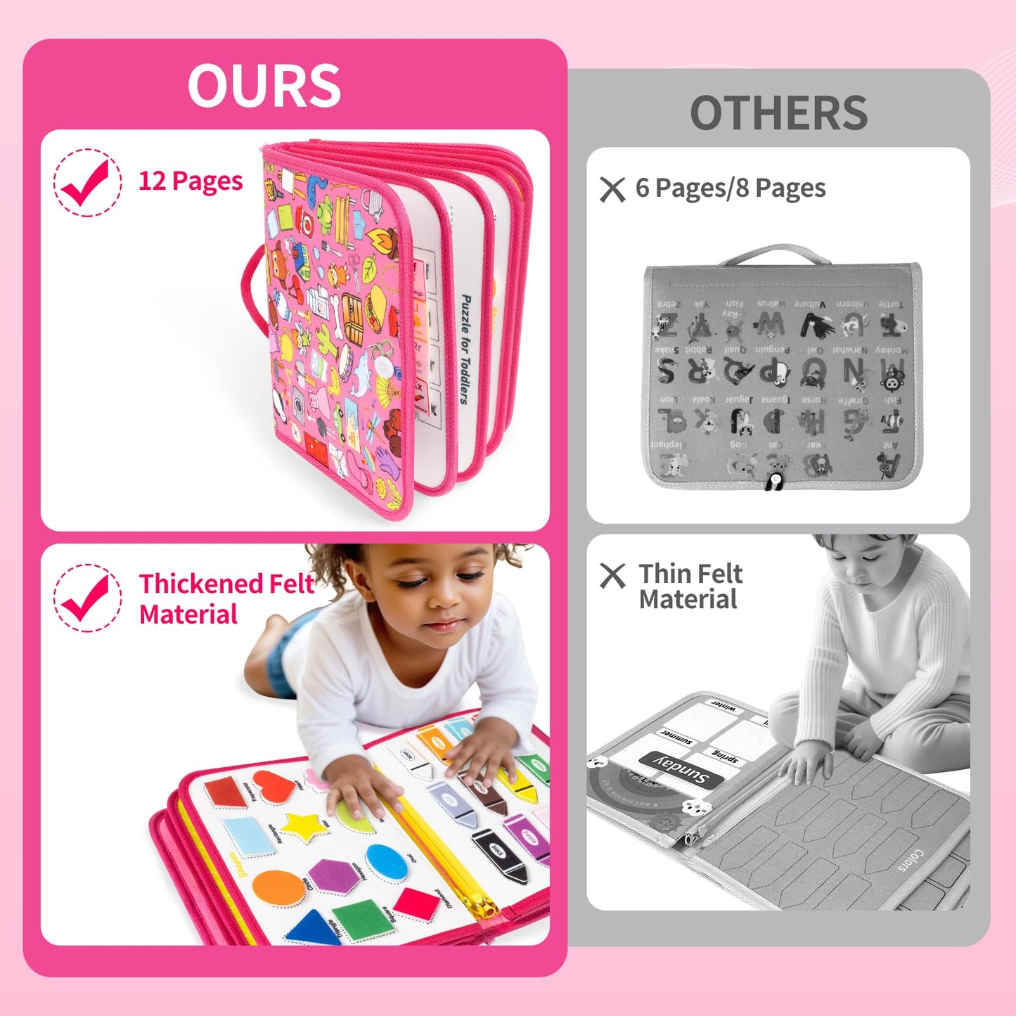 12-page Busy Board Montessori Toddler Toys for 1 2 3 4 Years Old, Busy Book for Toddlers 1-3 Girl Birthday Gift, 24 in 1 Activit