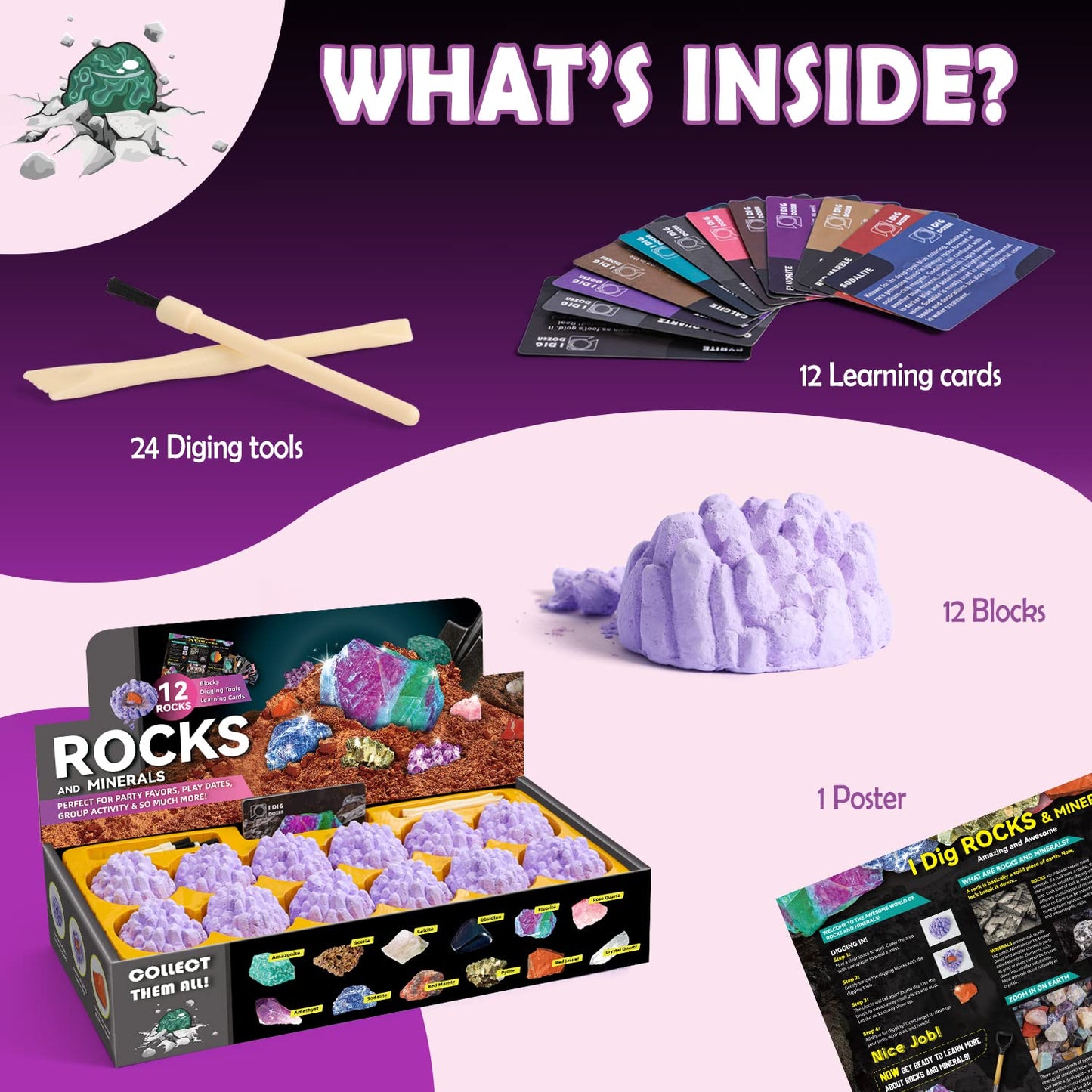 Byncceh Mineral Mining Kit Rock Mining Kit Gem Dig Kit - Dig Up 12 Rock & Mineral Collection Gemstones & Crystals Dig Kit For Kids Gemology Mining Gift Rocks Minerals, Excavation Toys For Boys Girls