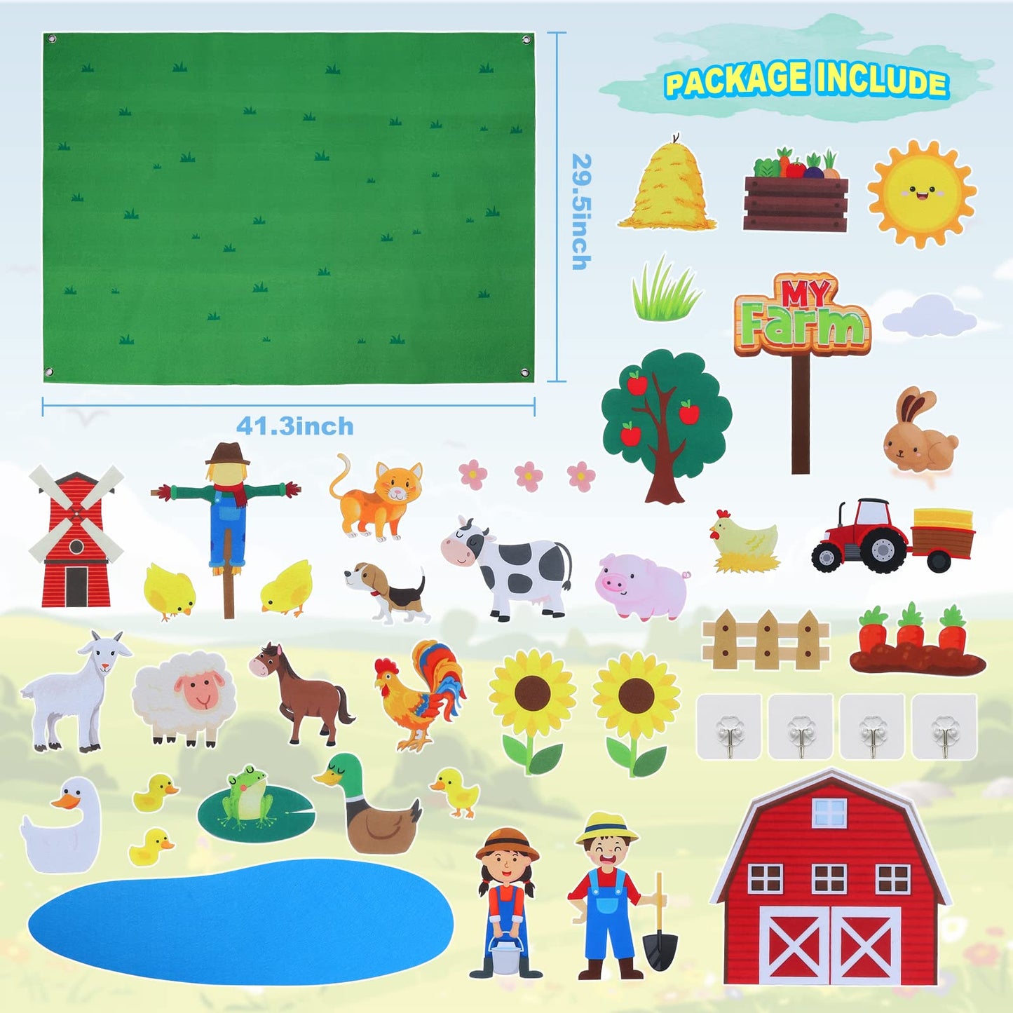 HomeMall 40Pcs Farm Animals Felt Story Board Set, 3.5 Ft Toddlers Preschool Farmhouse Themed Early Learning Storytelling Flannel