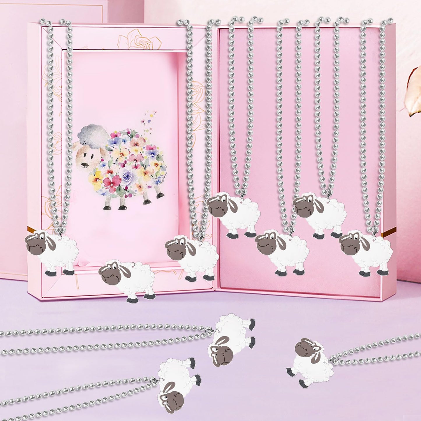 KeeStar 24 Pack Sheep Necklace Party Favors for Farm Animal Baby Shower, Barnyard Themed Party, Birthday, School Carnival Reward