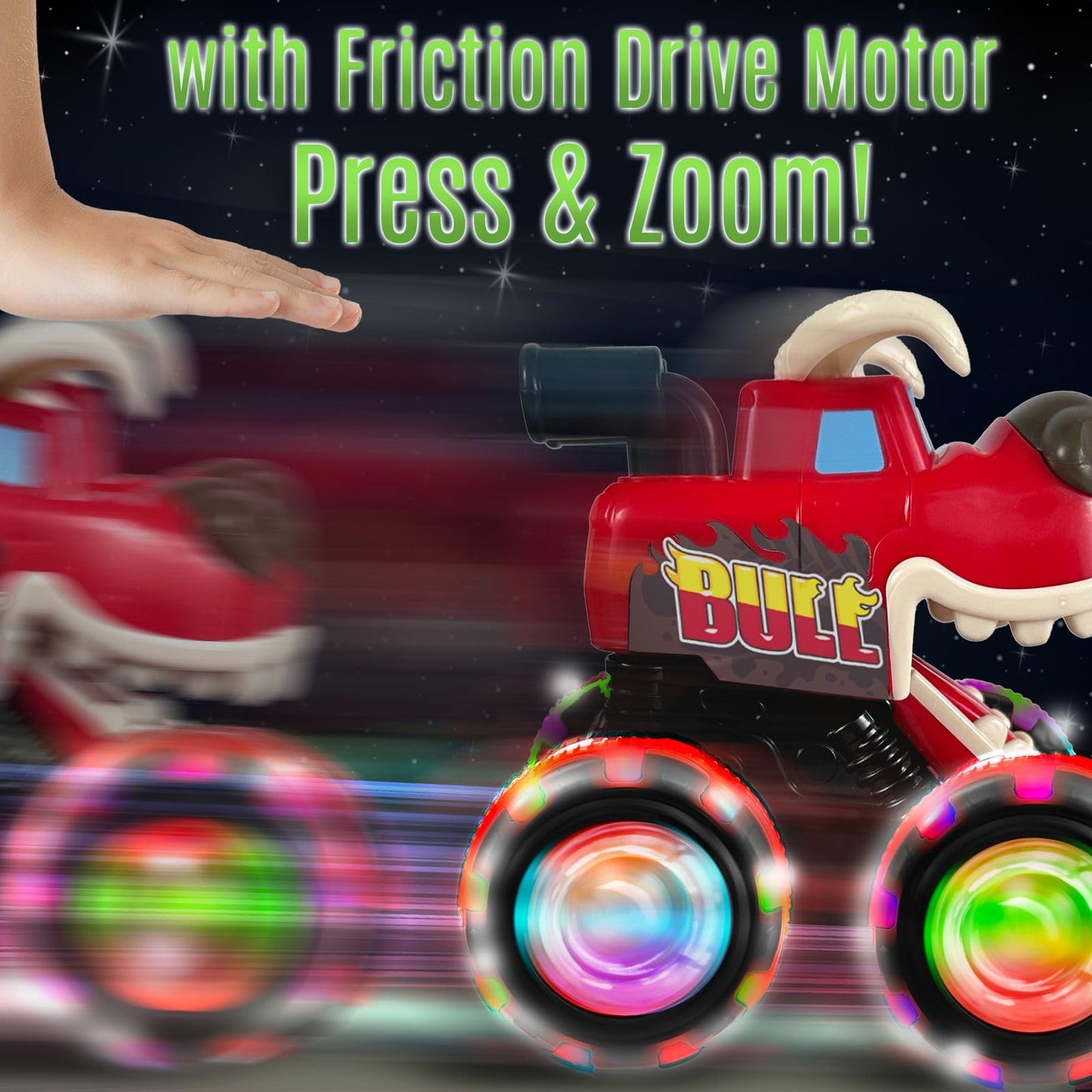 stargo Bull Monster Truck Toy - Light Up Chomping Pull Back Truck, 2 inches, Plastic, Model CC-1042-Bull, Birthday Gift for Toddlers
