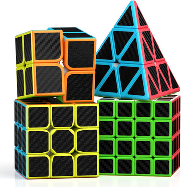 Roxenda Speed Cube Set, Speed Cube Bundle Of 2X2 3X3 4X4 And Pyramid Cube Smoothly Magic Cubes Collection For Kids Teens & Adults [4 Pack] (Carbon Fiber)