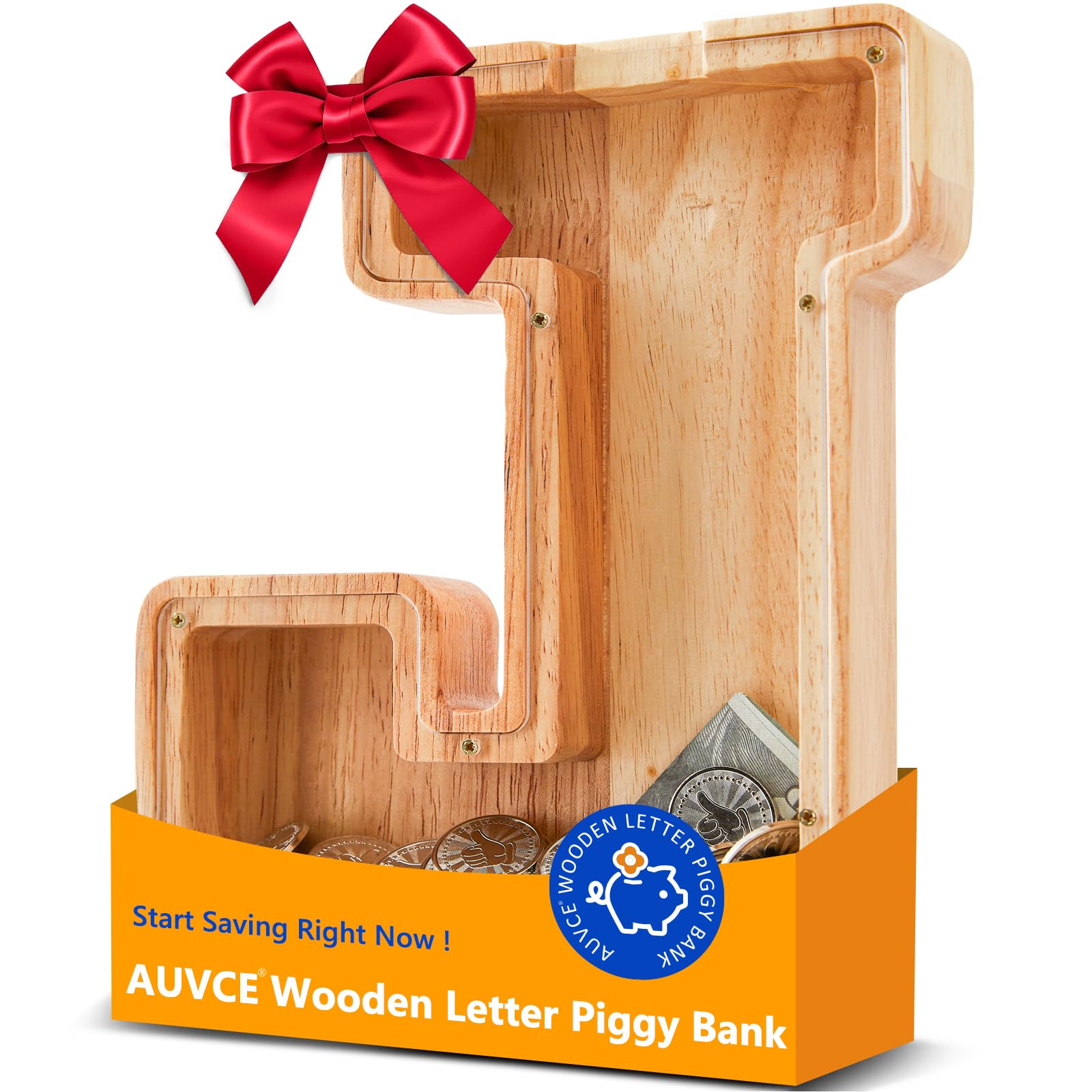 Wooden Letter Piggy Bank for Kids  Initial Coin Bank for Boys and Girls  First Name Personalized Savings Bank for Birthday Boys Girls Gift Piggy Bank for Kids (Wood  S9-J)