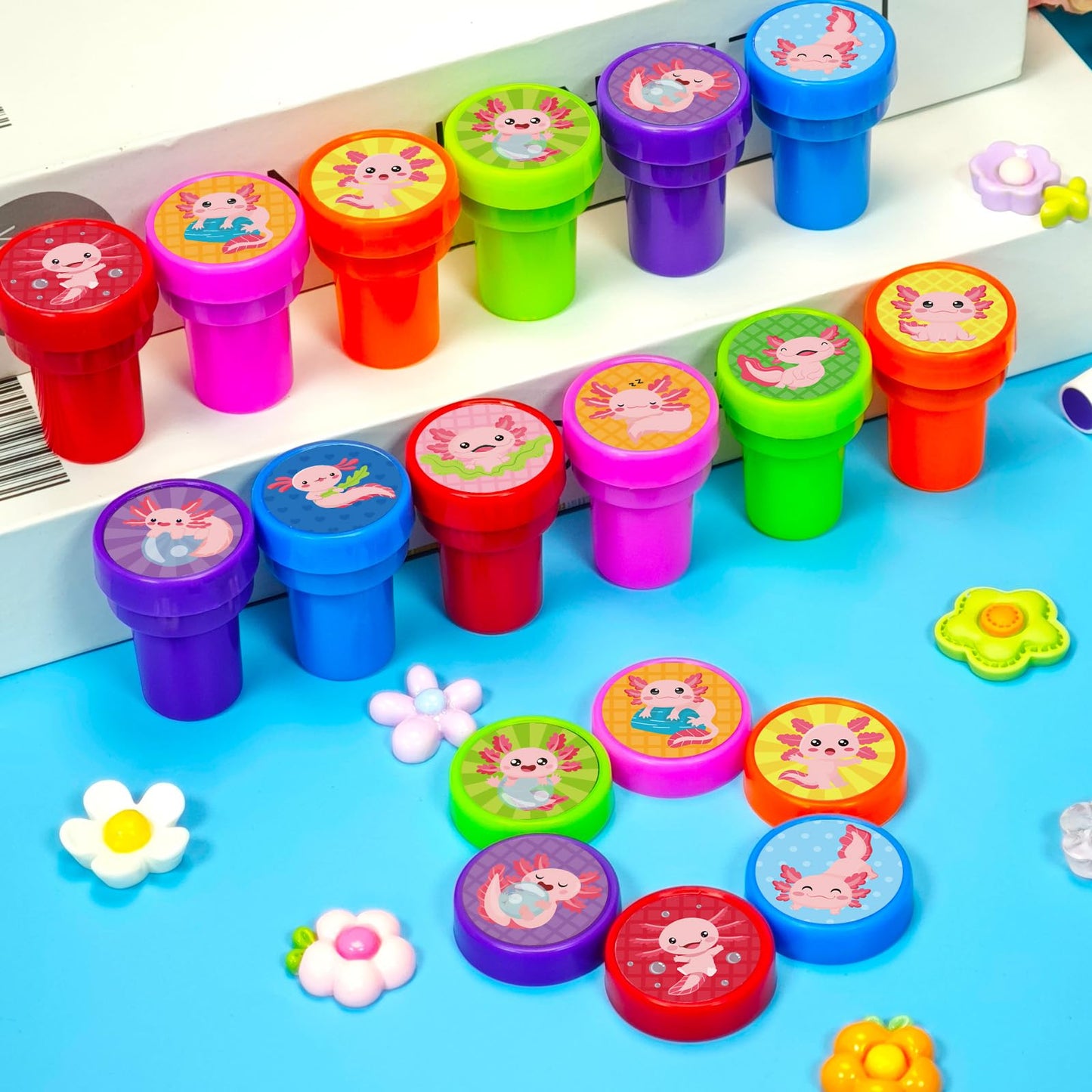 Cinrobiye 24 Pcs Axolotl Stamper for Kids ,Axolotl Self-Inking Stamp Set for Party Favors Classroom Rewards DIY Craft Goodie Bag