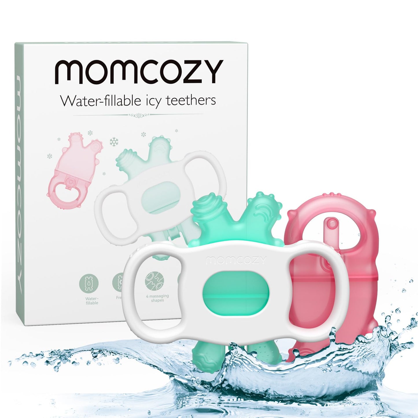 Momcozy Baby Teether Toys - Water Fillable Silicone Teething Relief, 0-12 Months, 2 Pcs in Pink and Green