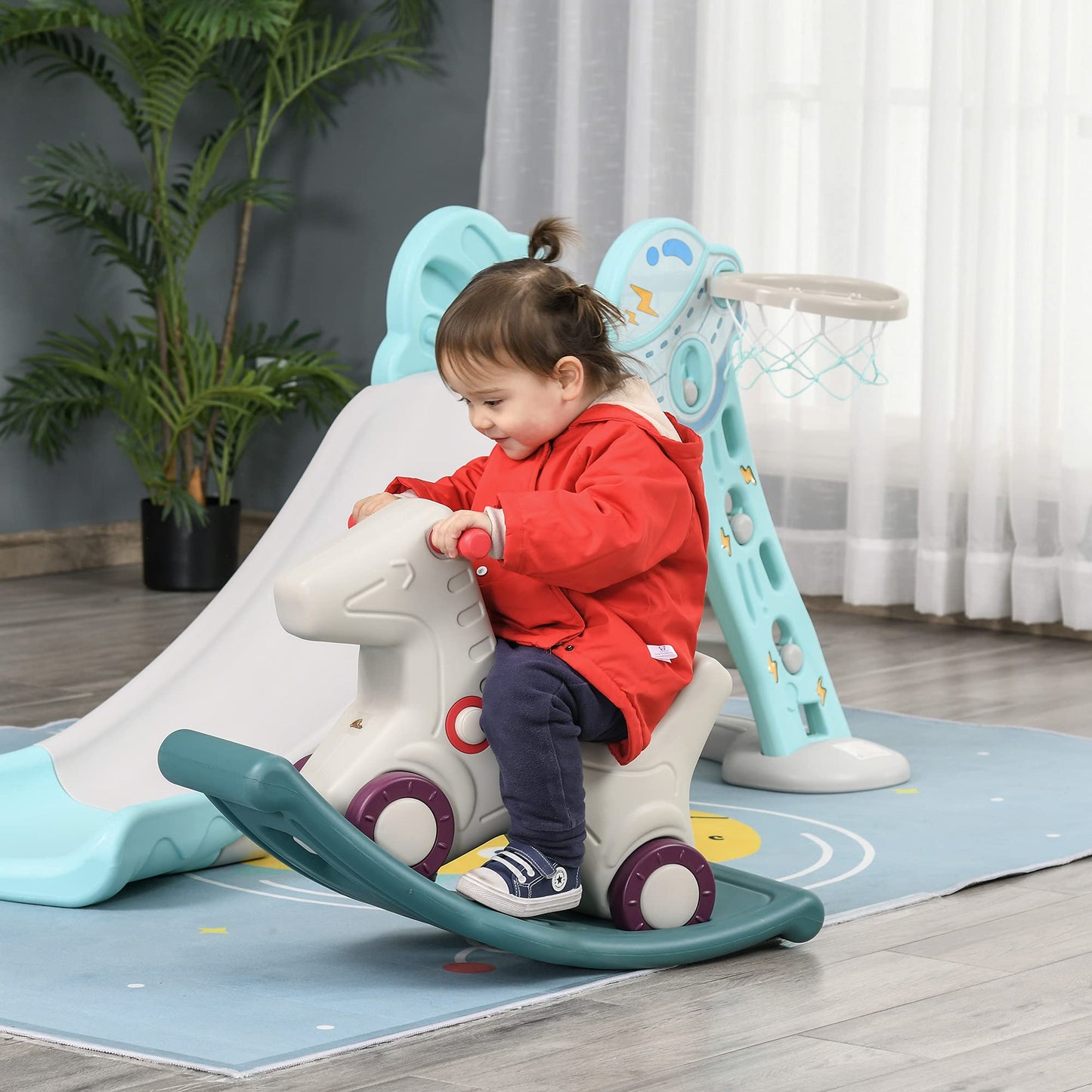 Qaba Kids 2 In 1 Rocking Horse & Sliding Car For Indoor & Outdoor Use W/Detachable Base, Wheels, Smooth Materials, Grey And Green