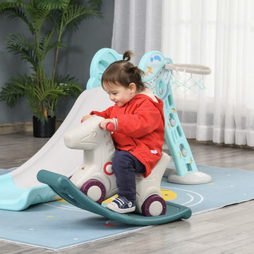 Qaba Kids 2 In 1 Rocking Horse & Sliding Car For Indoor & Outdoor Use W/Detachable Base, Wheels, Smooth Materials, Grey And Green