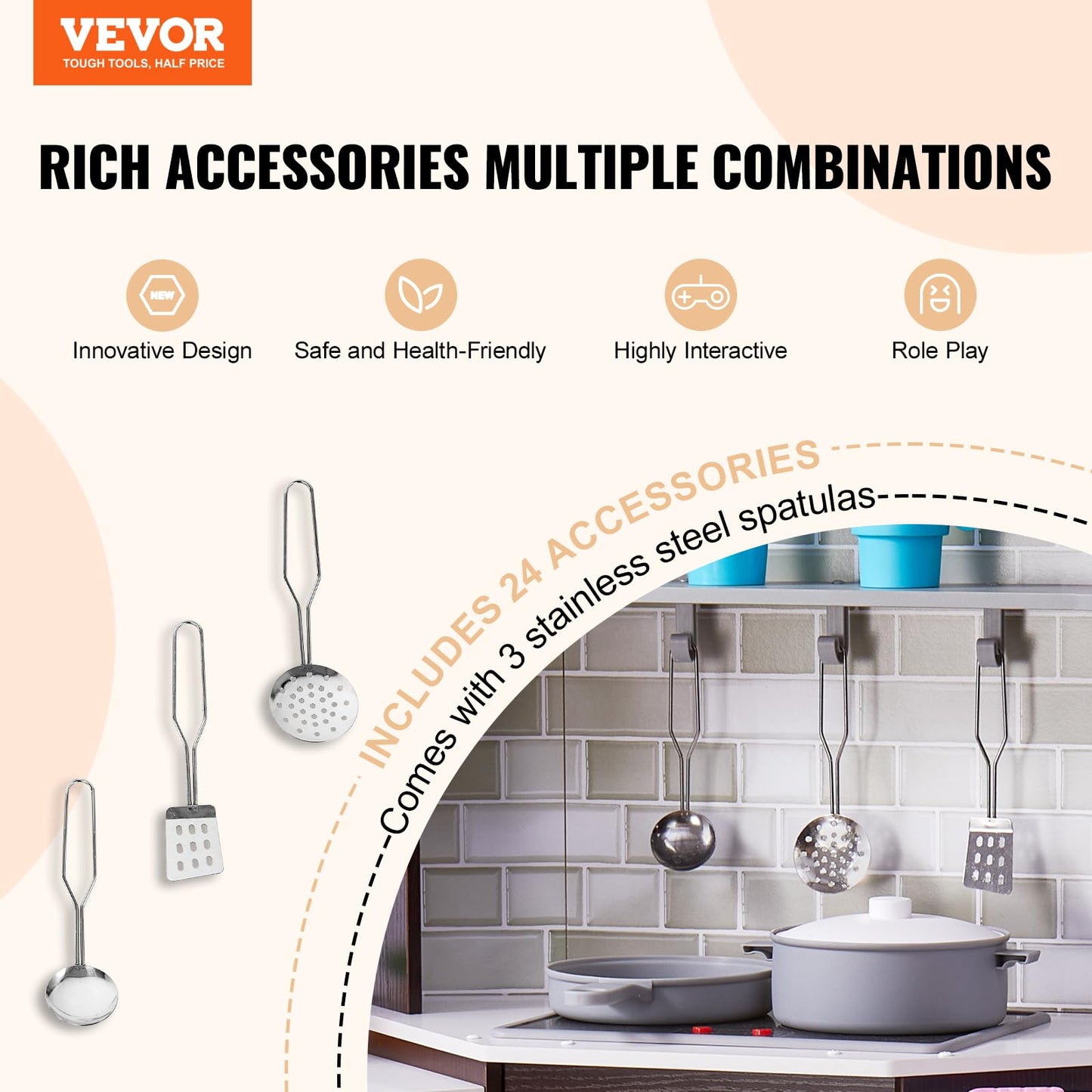 VEVOR Corner Wooden Play Kitchen, Toy Set with Lights and Sounds, Toddler Kitchen with Ice Maker, Oven, Sink, Clock, Microwaves,
