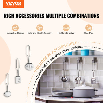 VEVOR Corner Wooden Play Kitchen, Toy Set with Lights and Sounds, Toddler Kitchen with Ice Maker, Oven, Sink, Clock, Microwaves,
