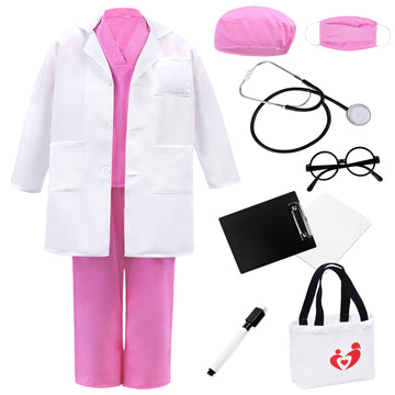 ZZIHAN Doctor Costume for Kids Pink Nurse Doctor Scrubs Set Costume Doctor Lab Coat Costume Veterinarian Costume Stethoscope Nur