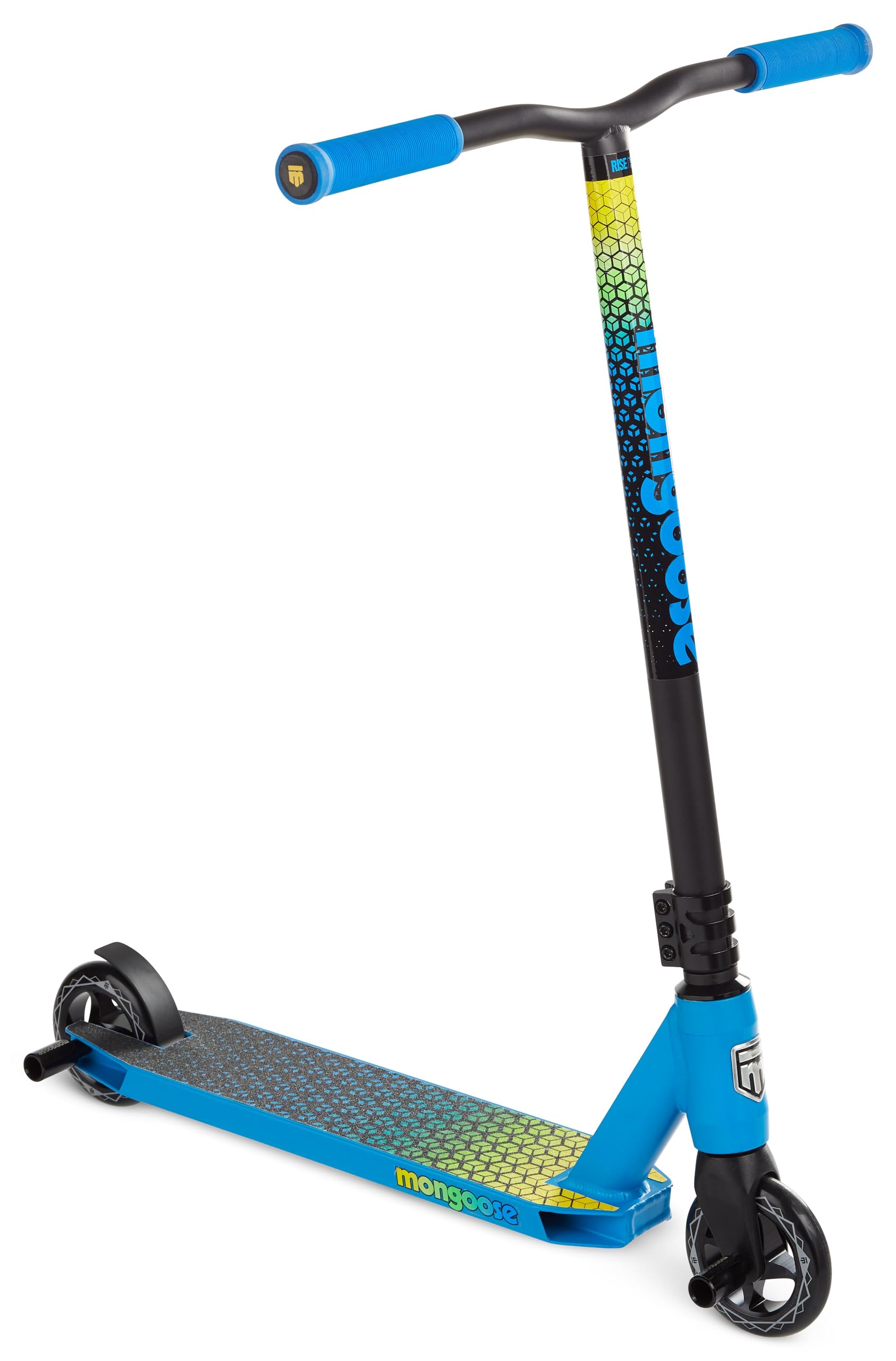 Mongoose Rise 110 advanced Freestyle Stunt Trick Scooter  Lightweight Alloy Deck & Heavy-Duty Frame Up to 220 lbs.  Bike-Style Grip  Wheel Pegs Included  Blue/Yellow