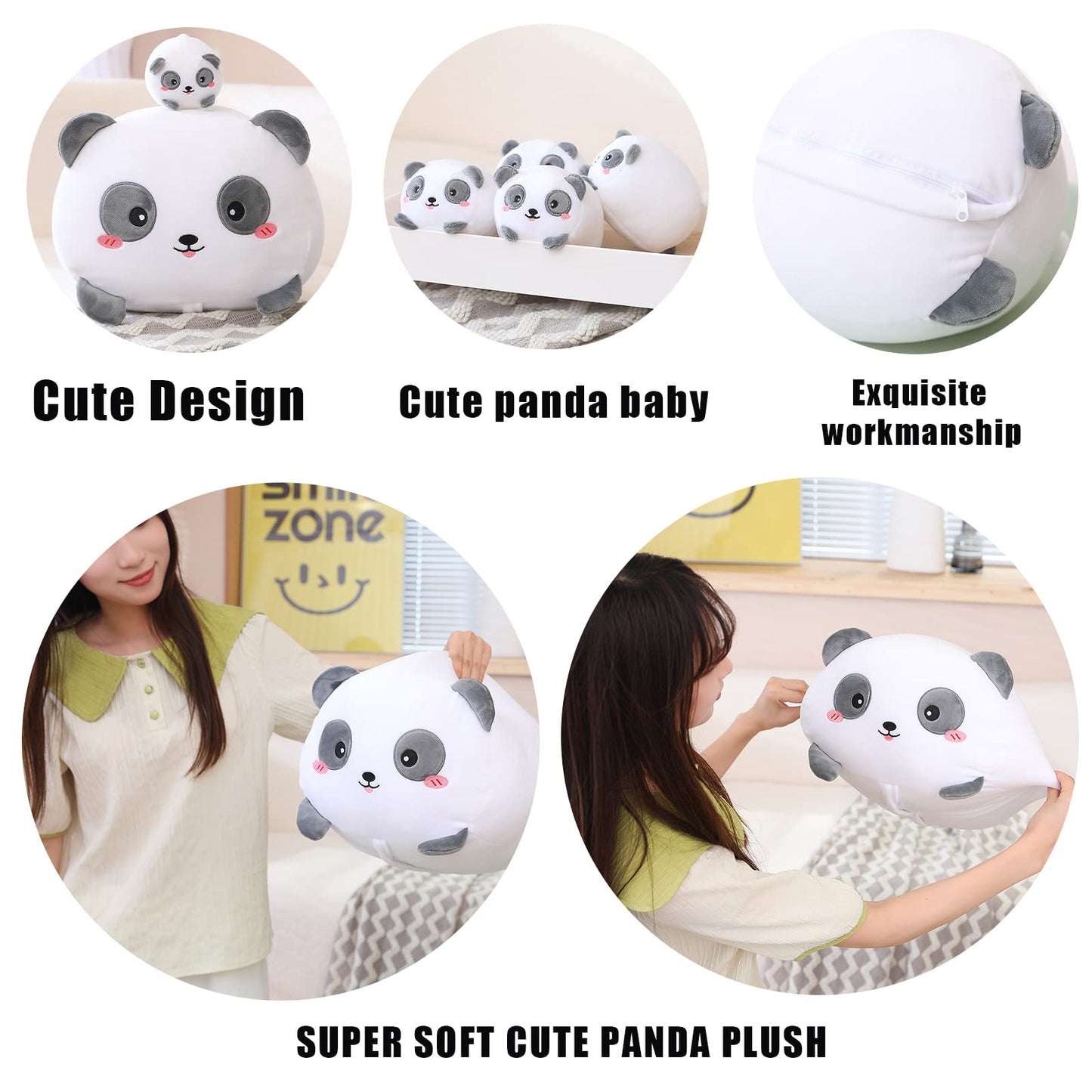 Sqeqe Panda Mommy Stuffed Animal With 4 Baby Pandas, Super Soft Cartoon Hugging Toy Gifts For Girls Boys Birthday