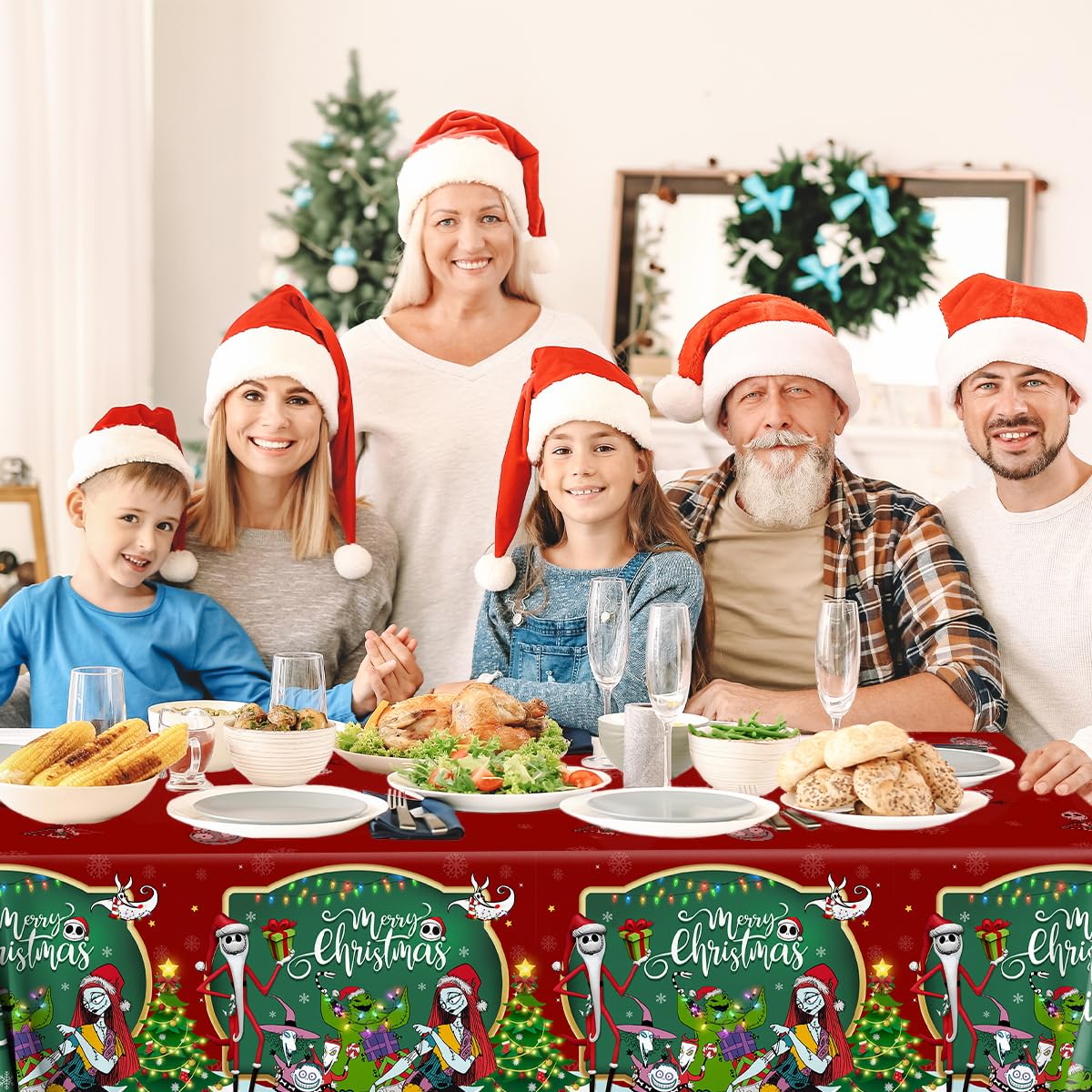 3 Pack Christmas Nightmare Tablecloths Nightmare Christmas Party Decorations Green Red Tree Xmas Nightmarer Table Cover for Xmas