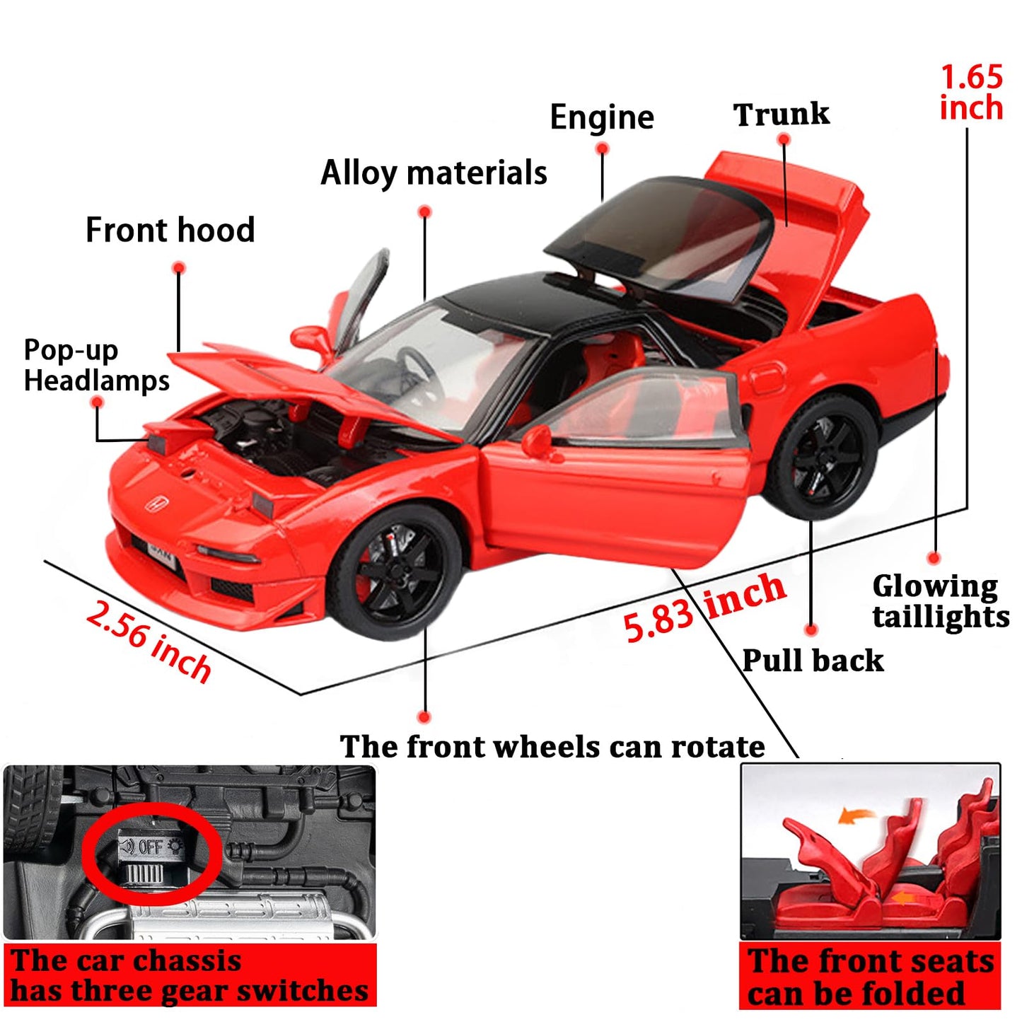 Erbadihago Toy Cars Compatible For 1990 Nsx Na1 1/32 Metal Model Car Pull Back Car Toys With Light And Sound Toys Car Collectibl