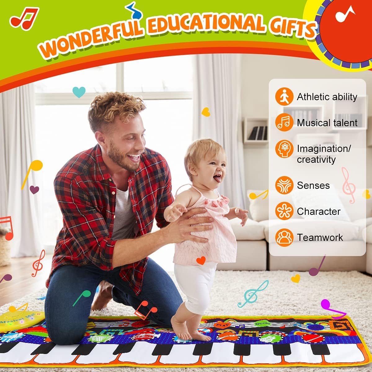 Renfox Baby Piano Mat With 25 Music Sounds, Kids Musical Playmat, Early Education Development Birthday Gift Music Toy For 1 2 3 Year Girls Boys, Piano Keyboard Touch Play Blanket For Child Toddlers
