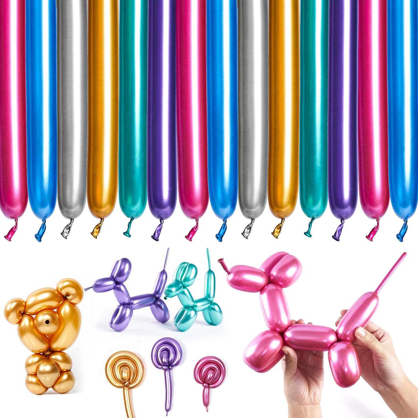 PartyWoo Metallic Twisting Balloons, 50 pcs Long 260Q Modelling in 6 Metallic Colors, Magic Animal Balloons for Childrens Party