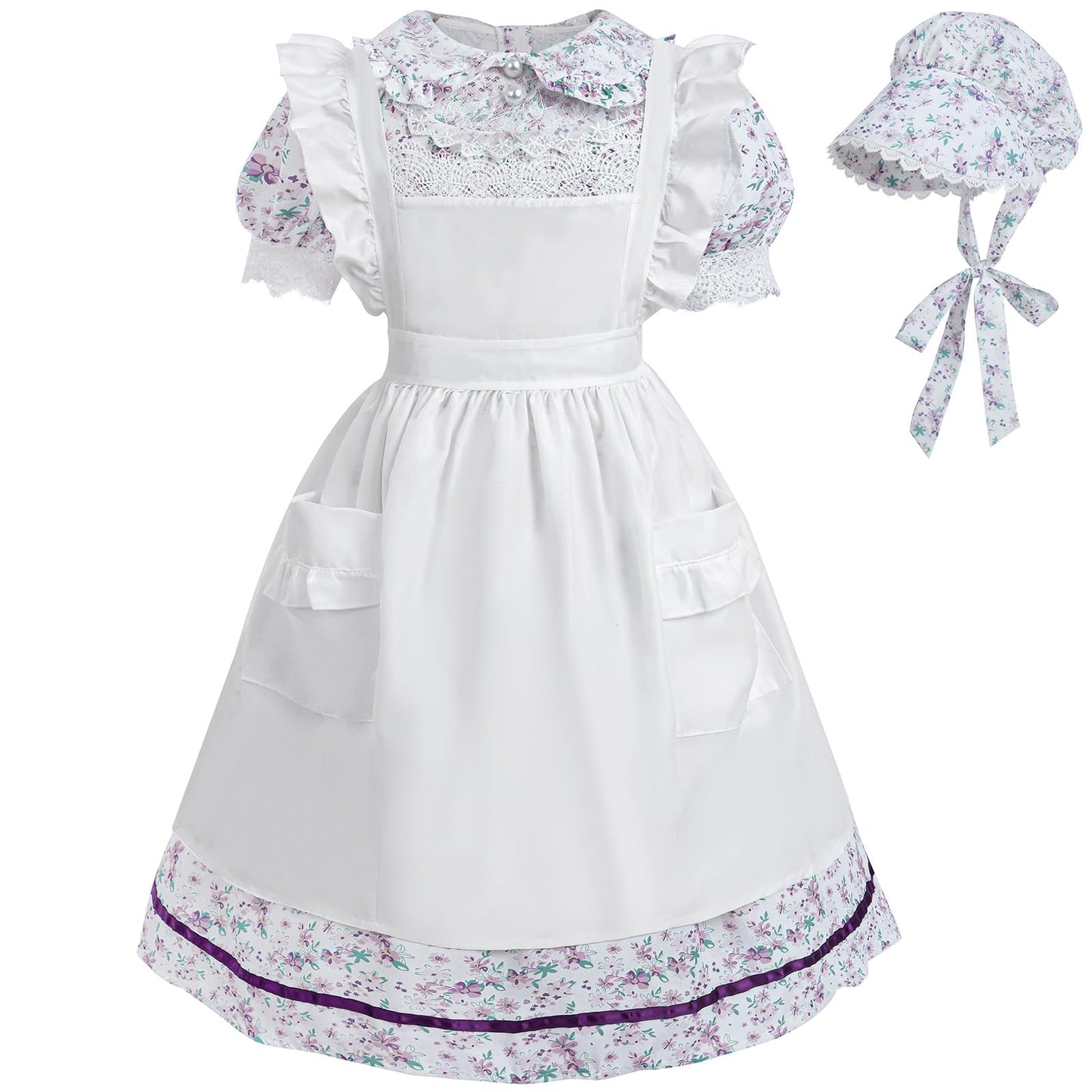 Cr Rolecos Colonial Prairie Costume Girls Floral Pioneer Dress For Girls Short Sleeves Pilgrim Costume Light Purple S Age Over 4