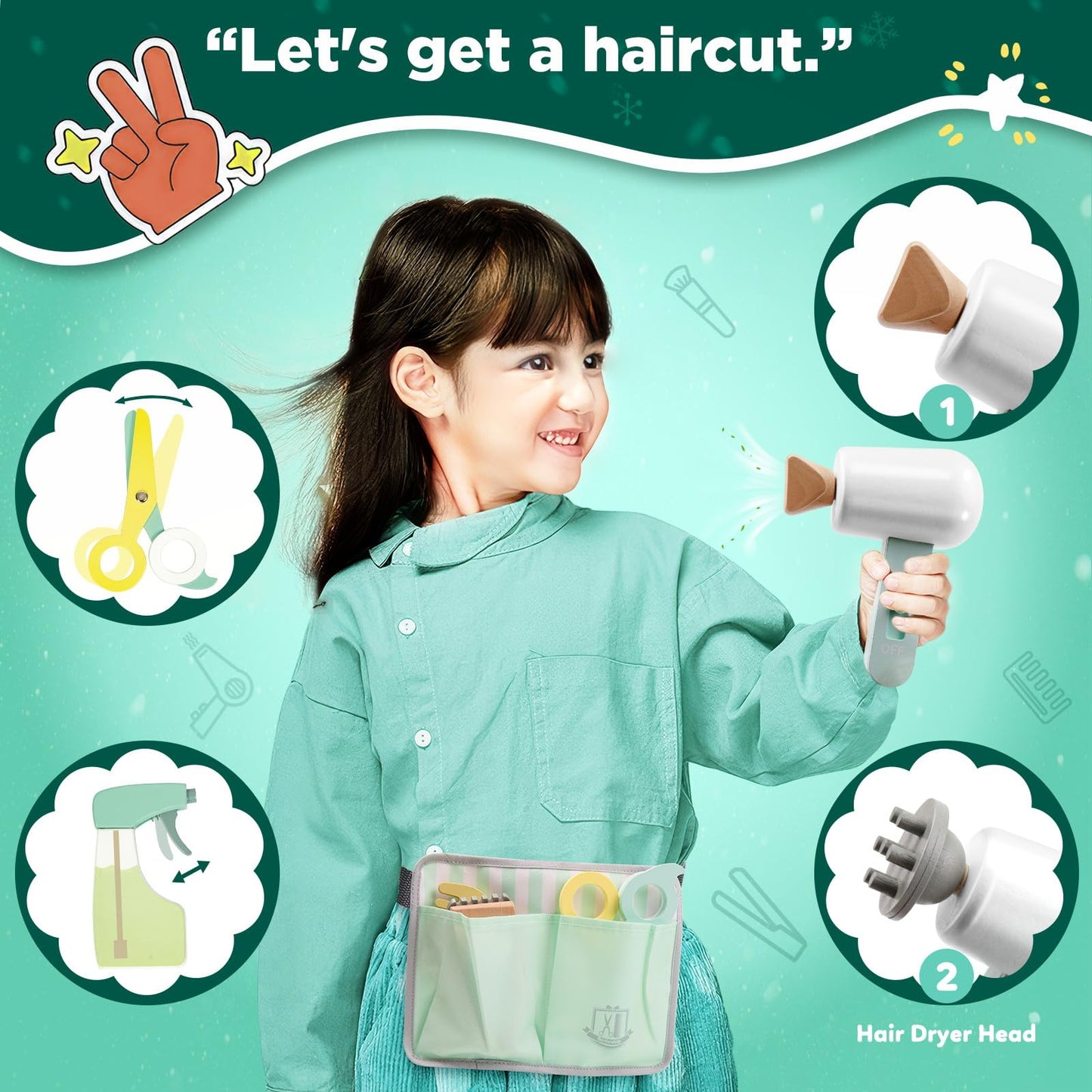 Hair Salon Playset for Kids, [2025] Pretend Play Hair Salon Wooden Toys with Hair Dryer, 2-in-1 Play Hair Styling & Role Play, 1