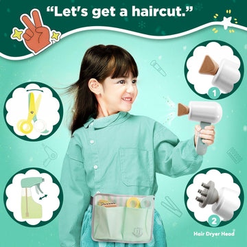 Hair Salon Playset for Kids, [2025] Pretend Play Hair Salon Wooden Toys with Hair Dryer, 2-in-1 Play Hair Styling & Role Play, 1