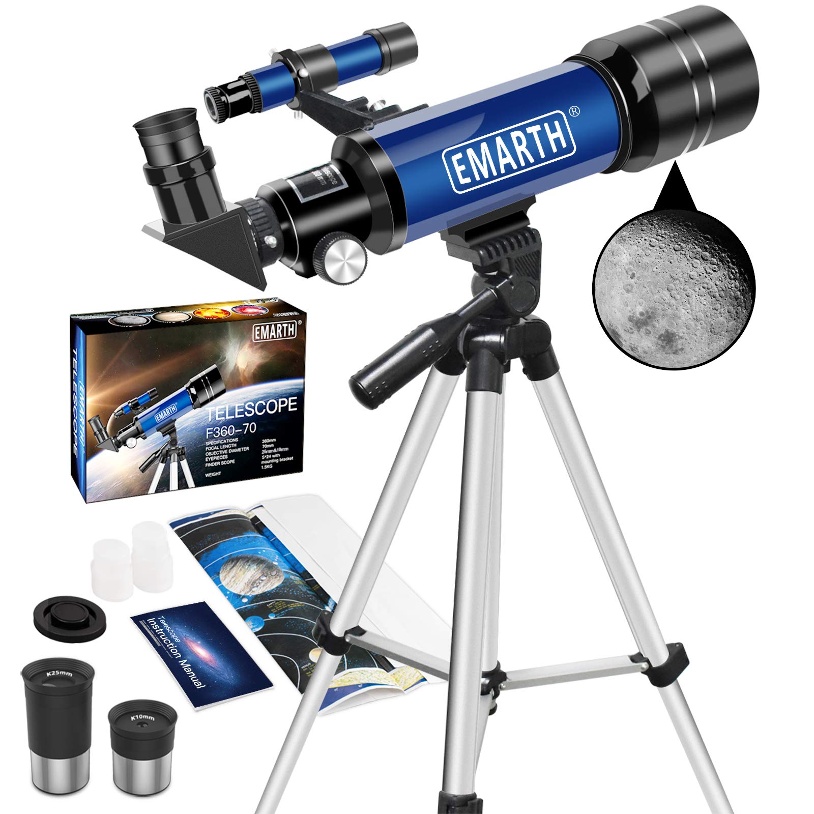 Telescope, 70MM Aperture Kids Telescope with 2 Eyepieces, 360MM Refractor Portable Telescope for Kids with Tripod & Finder Scope, STEM Toys Astronomy Gifts for Children Blue -Like New