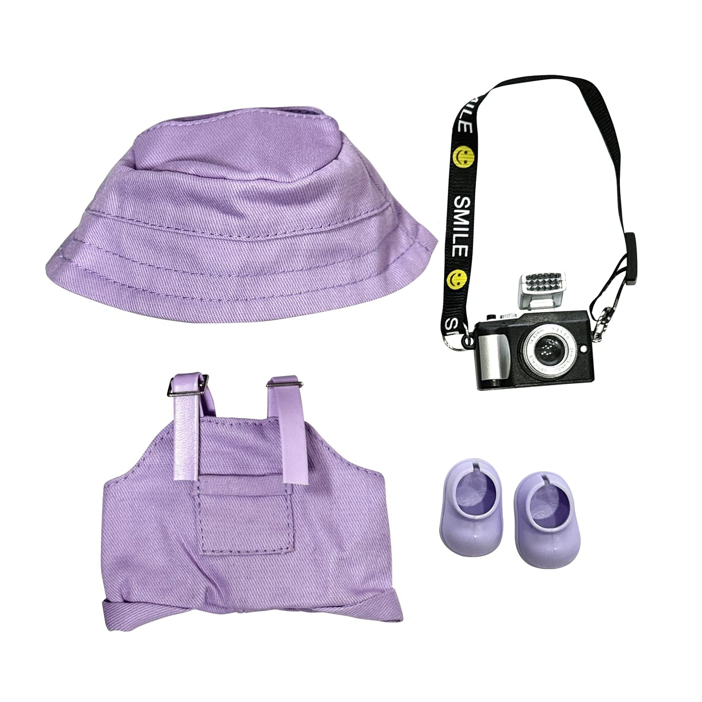 17cm Light Purple Outfit Set (Doll Not Included) - Bucket Hat  Overalls Shorts  Mini Camera & Shoes  Cute Style for 17cm Doll Dress-up(Purple SC)