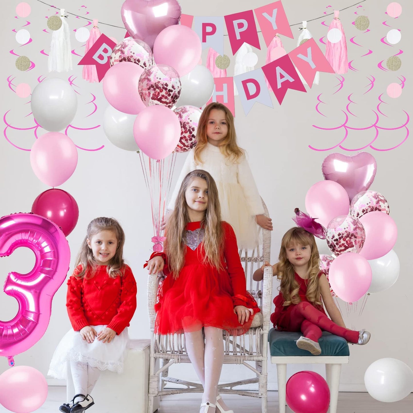Sweet 3Rd Birthday Decorations For Baby Girl, Pink And White 3 Happy Birthday Balloons,3Rd Birthday Party Supplies For Daughter