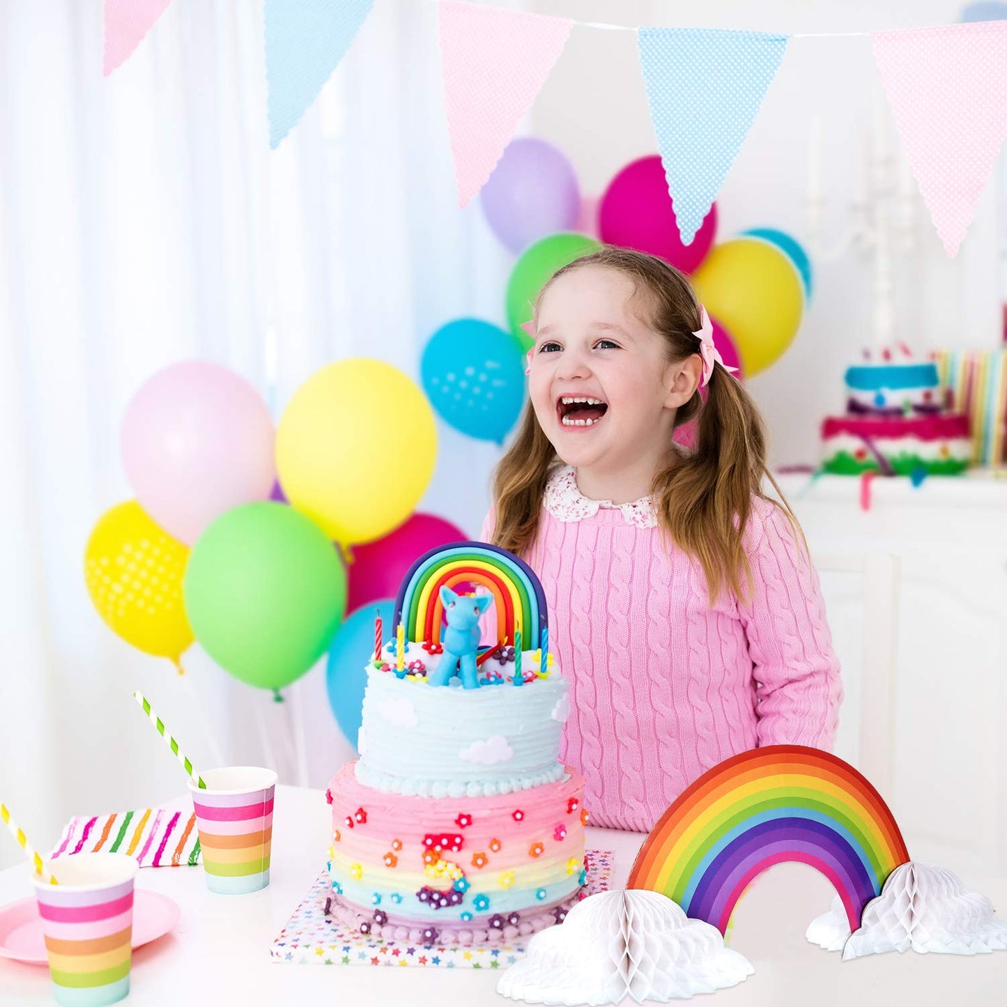 Willbond Rainbow Honeycomb Paper Centerpiece Rainbow Cloud No Crease Converting Centerpieces For Christmas Birthday Party Tables Decoration(4 Pieces)
