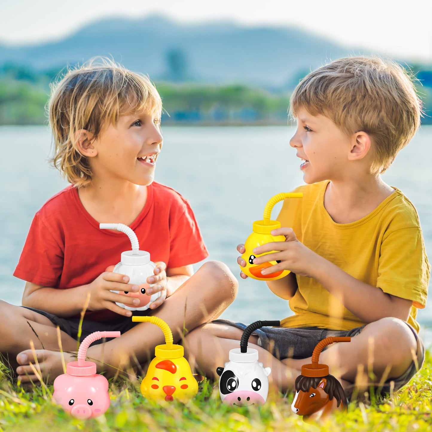 Roshtia 24 Sets Farm Animal Cups with Straws and Lids 11 oz Plastic Animal Themed Cups Cute Pig Sheep Chicken Duck Horse Cow Str