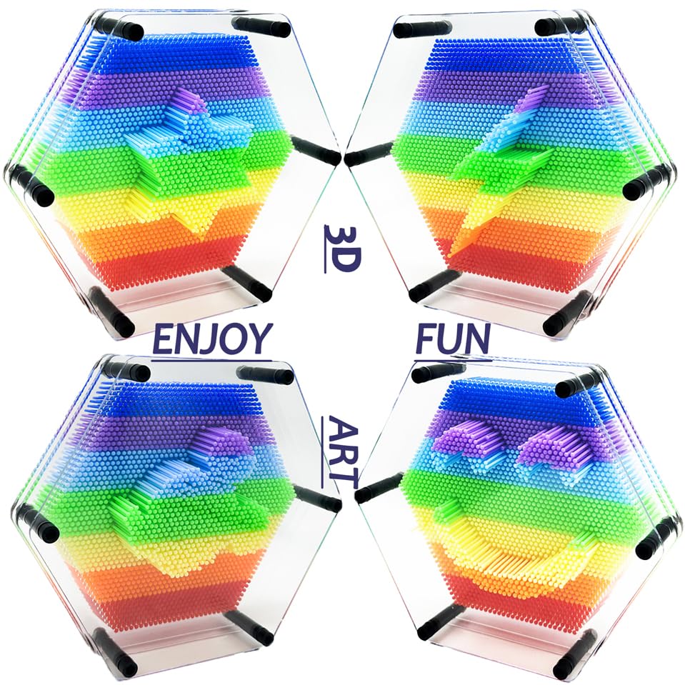 3D Pin Art Intellectual Fun Toy Rainbow Pin Art Palm Board Extra Large(7.5 X8 Inches) Arouse Sense Of Imagination Innovative Boundless Creativity (Hexagon - 7.5 X 8 Inches)