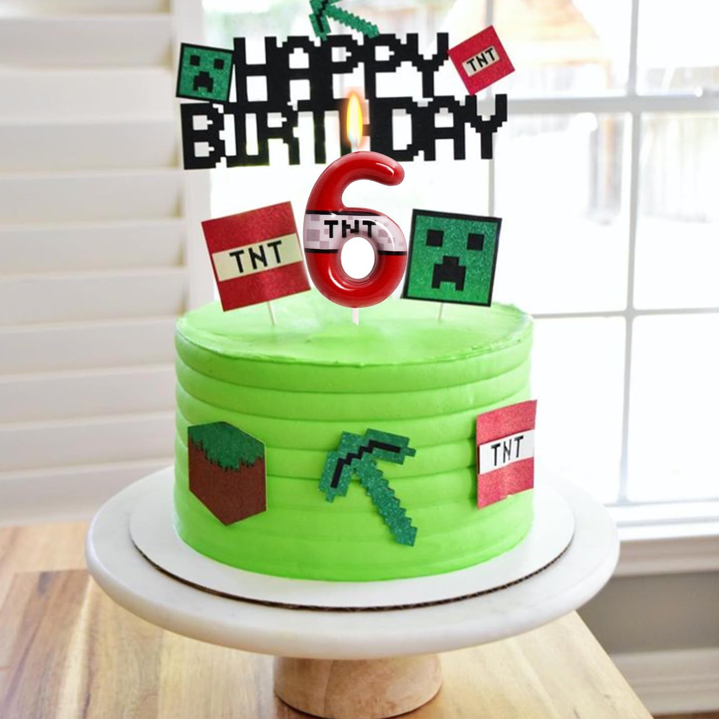 TNT Themed Birthday Candles for Boys Girls, Craft Pixels Cake Topper, Kids Themed Birthday Party Supplies (Number 6-Red)