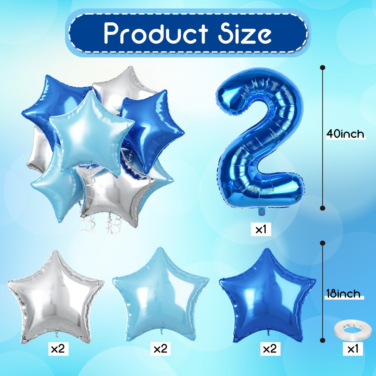 2Nd Birthday Balloon For Boys, 40 Inch Balloon Number 2 Dark Blue, Large Foil Mylar Star Two Balloon Light Royal Blue Silver, He