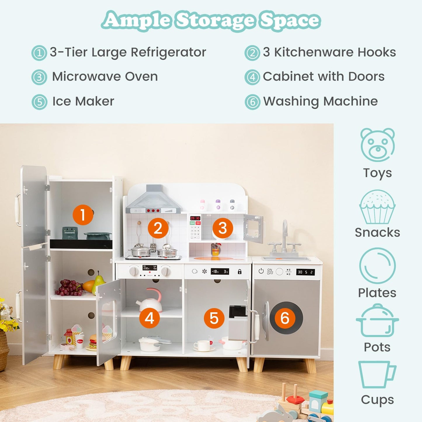 HONEY JOY Kids Kitchen Playset, 3-Piece Modular Wooden Corner Toy Kitchen Set/Refrigerator/Washing Machine & Sink, Lighted Range
