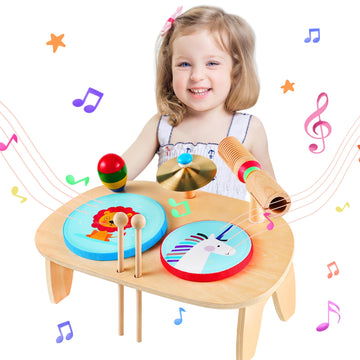 Looikoos Kids Drum Set For Toddlers 1-3, All In One Montessori Musical Instruments -Wooden Percussion Educational Preschool Music Toys For Baby 12-18 Months