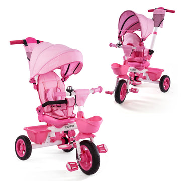 EOOWOY Baby Trike, 6-in-1 Kids Tricycle with Adjustable Push Handle, Removable Canopy, Safety Harness for 18 Months - 5 Year Old