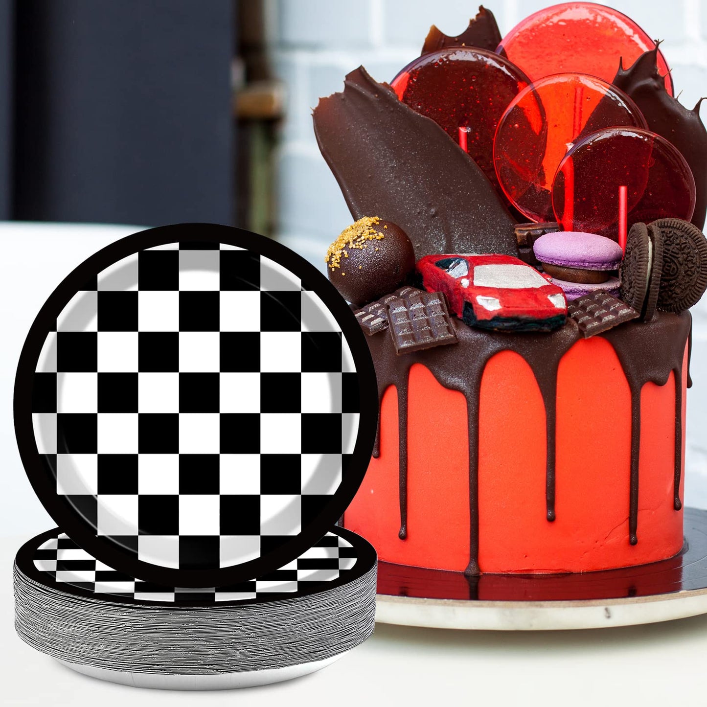 48 Pieces Black and White Checkered Flag Party Paper Plates for Race Car Party Supplies 7 Racing Car Theme Disposable Dessert Pl