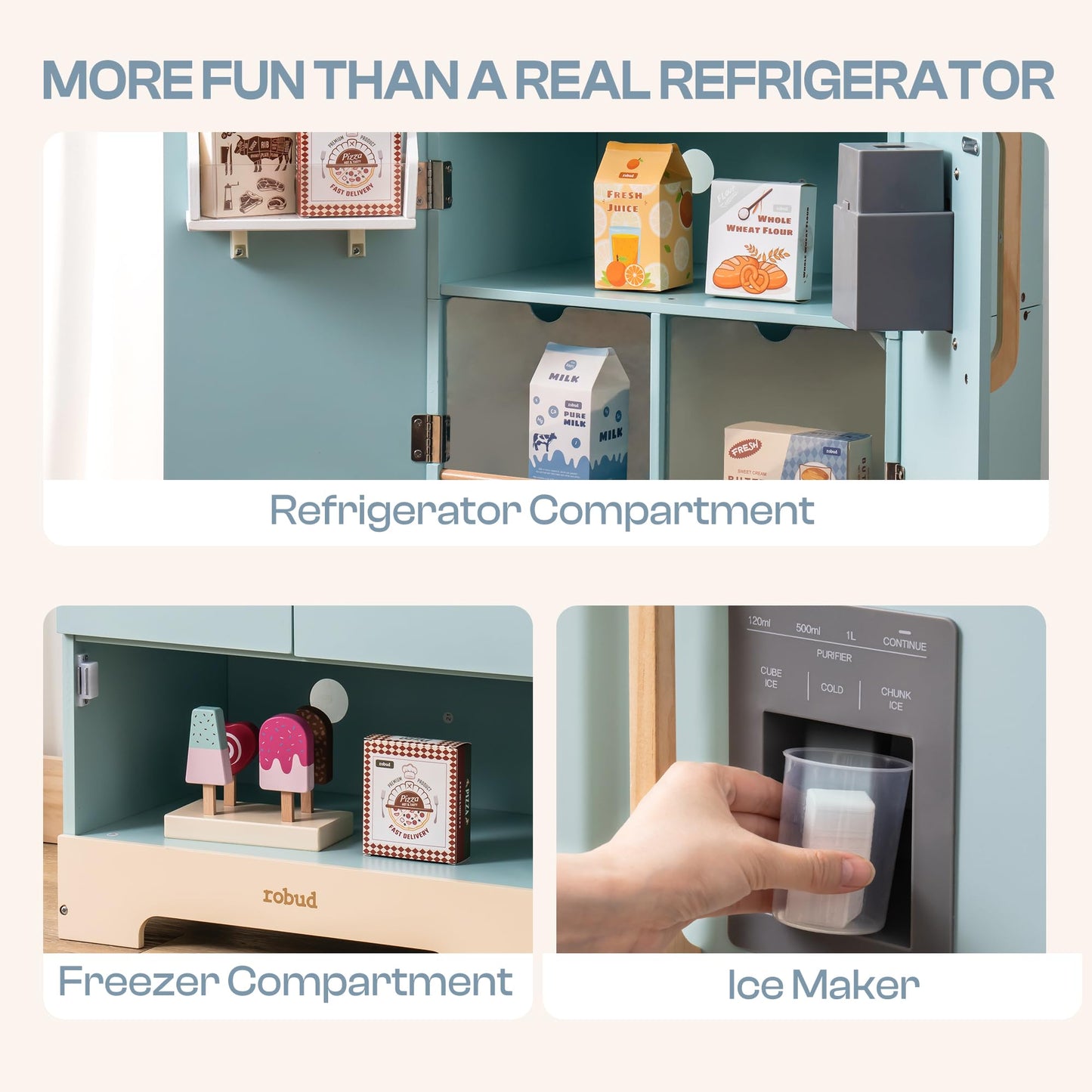 Robud Fridge Refrigerator With Ice Dispenser, Wooden Play Fridge Freezer Set For Kids, Toddler Kitchen Playset With Full Accesso