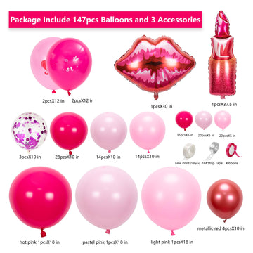 Saneryi 147Pcs Pink Balloon Garland Arch Kit For Girls Birthday Party Supplies Set Red Lips And Lipstick Foil Mylar Kiss Balloon