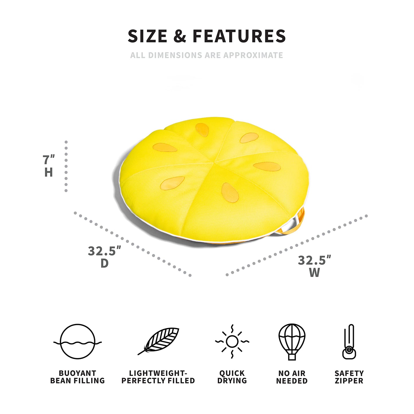 Big Joe Fruit Slice Small No Inflation Needed Pool Float, Lemon Mesh, Quick Draining Fabric, 4 Feet Big