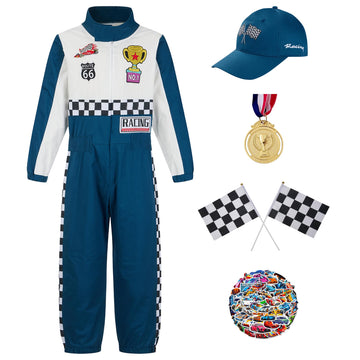 Kosgraiy Race Car Driver Costume Kid,Boy And Girl Racer Jumpsuit With Peaked Cap,Toddler Racing Costume Halloween,Xs/110