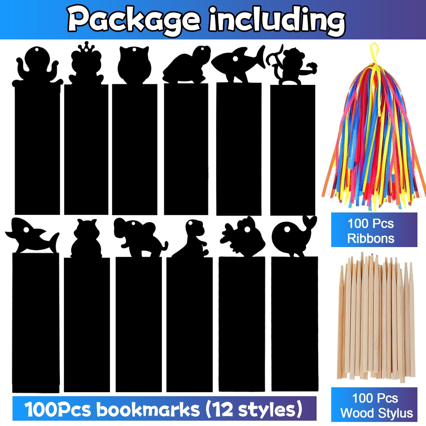 100Pcs Scratch Art Bookmarks Making Kit for Kids, Scratch Paper DIY Animal Bookmarks Bulk with 100 Pcs Ribbons and 100 Pcs Wood