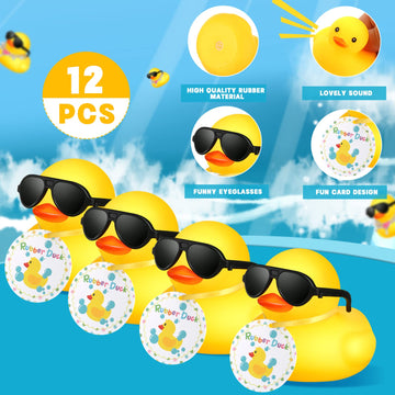 Chivao 12 Pcs Mini Rubber Ducks With Sunglasses/ Glasses And Hats/ Necklace, Cruise Rubber Ducks In Bulk Valentine'S Day Gift Small Duck Bathtub Toy For Hiding Party Favor(Yellow,Card Style)