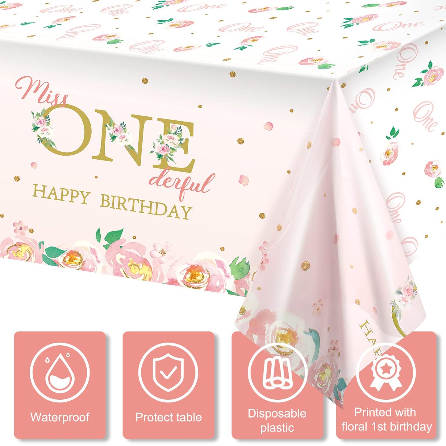 Tatuo 3 Pieces 1st Birthday Party Tablecloth Flower One First Birthday Table Cover Disposable Floral Miss Onederful Plastic Tabl