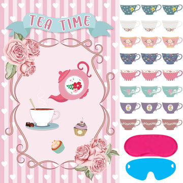 Hooqict Tea Party Games Pin The Tea Cup On The Saucer, Large Tea Party Decorations Poster With 24 Tea Cup Stickers For Girls Birthday Party Games Women Tea Party Favors Supplies