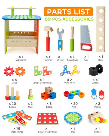 Ohuhu Kids Tool Set: 89Pcs Wooden Toddler Tool Workbench Toy Set with Construction Learning Educational Bench Play Toys for Boys