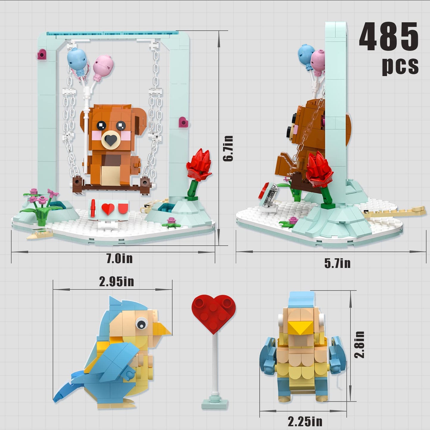 Nubee Valentine Love Birds Brown Bear Building Sets Compatible With Lego, Lovebirds Swings Bear Flower Heart Arrow I Love U Boar