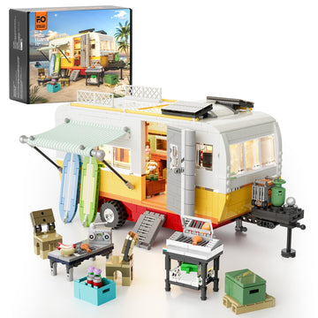 Funwhole Travel Trailer Lighting Building-Bricks Set - Classic Camper Van For Beach 1325 Pcs Creator Vehicle Kit For Adult And Teens
