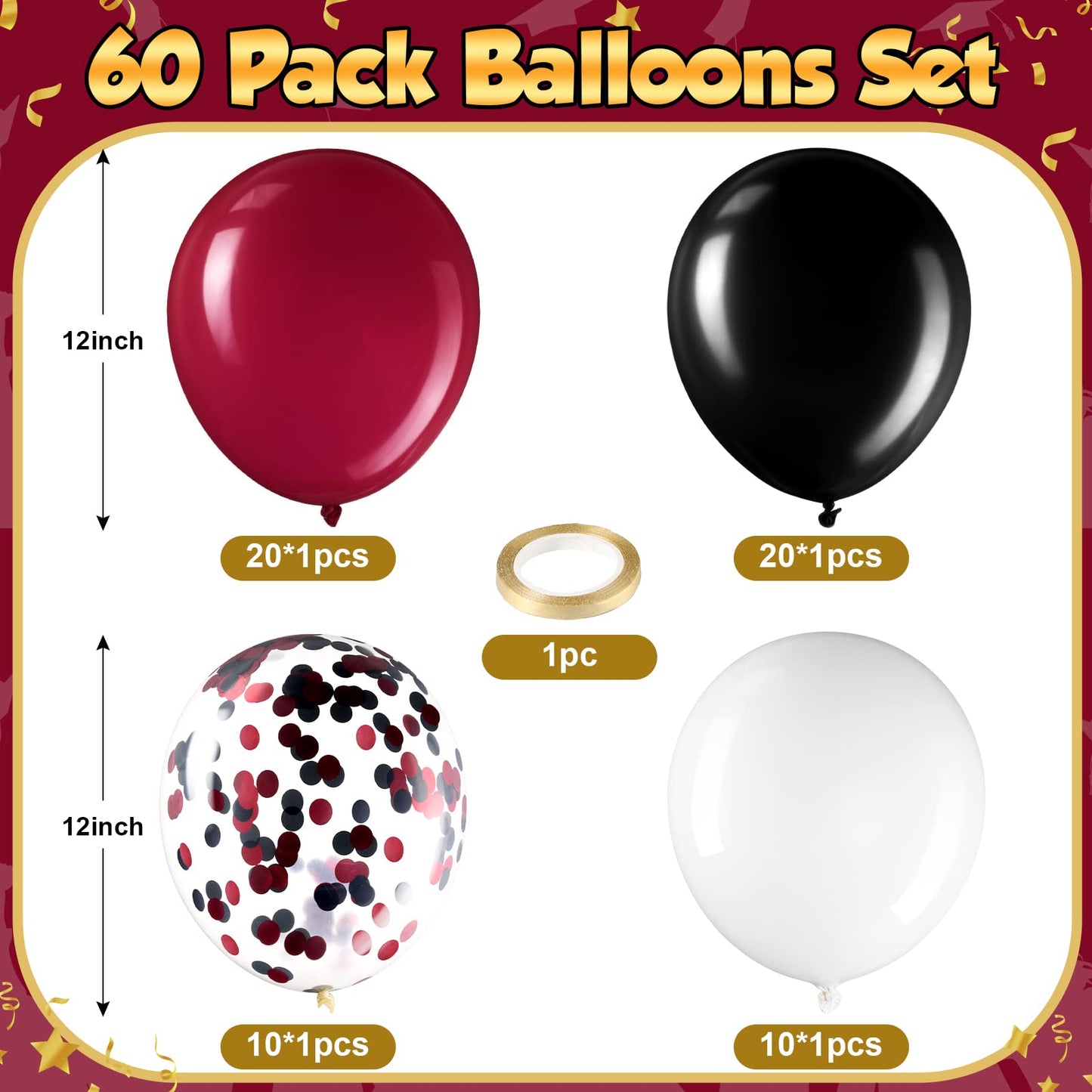 Sratte 60 Pcs 12 Inch Balloons Kit Confetti Latex Metallic Balloons With 2 Rolls Ribbon Party Favor For Memorial Day, Birthdays, Fourth Of July, Halloween Decorations(Black, Red, White)