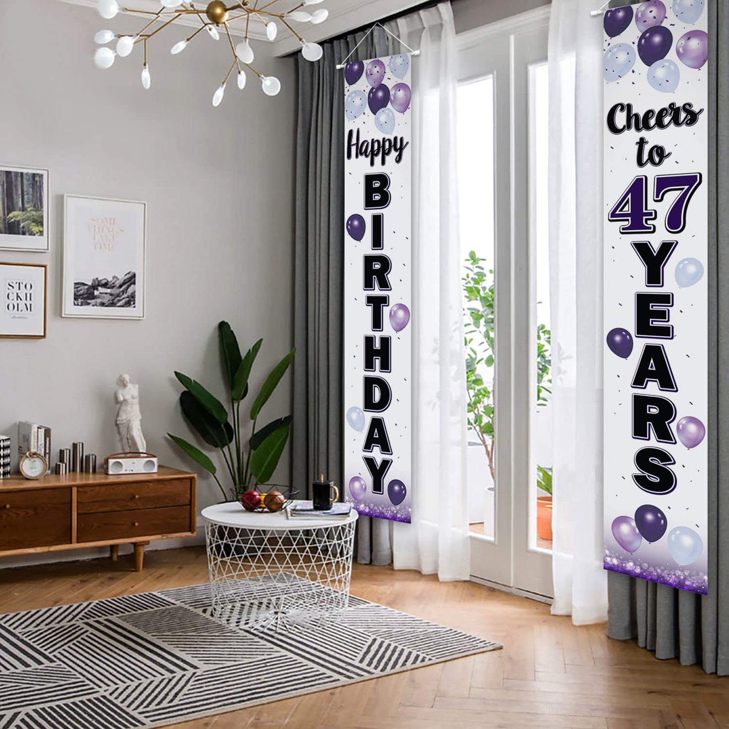 LASKYER Happy 47th Birthday Decorations,47th Purple Balloon Birthday Theme Door Hanging Banner Sign,47 Years Old Bday Party Supp