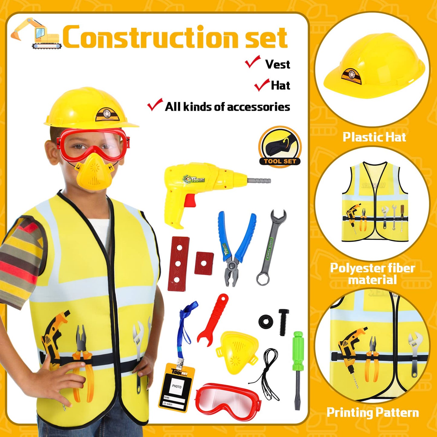 Deekin 3 Sets Kids Dress Up and Pretend Clothes with Plastic Toys for Toddler 3-7 Ages  Role Play Construction Worker  Chef  Explorer Dress Up Vest for Boys Girls Costumes Accessories Play