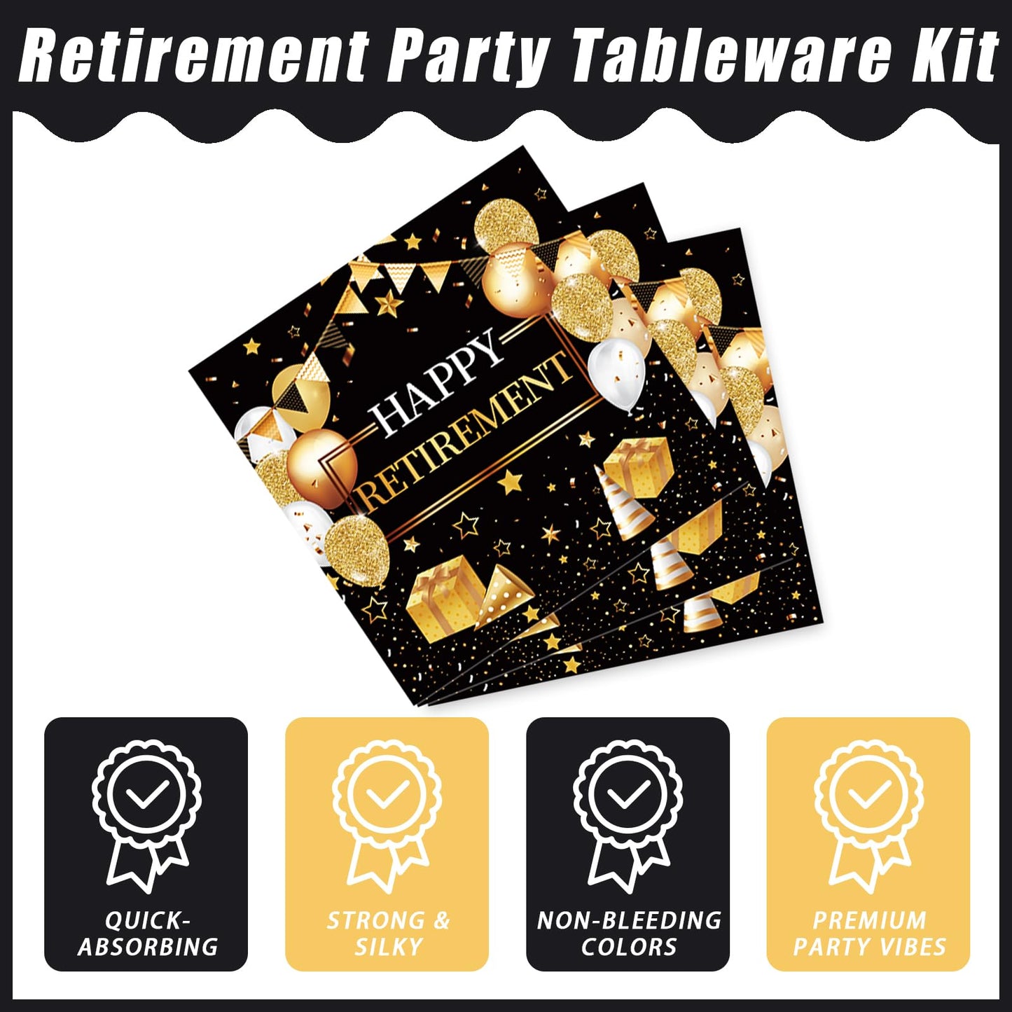 Kepeel 96 Pcs Retirement Party Plates And Napkins Set, Happy Retirement Party Supplies Decorations For Men Women Gold And Black
